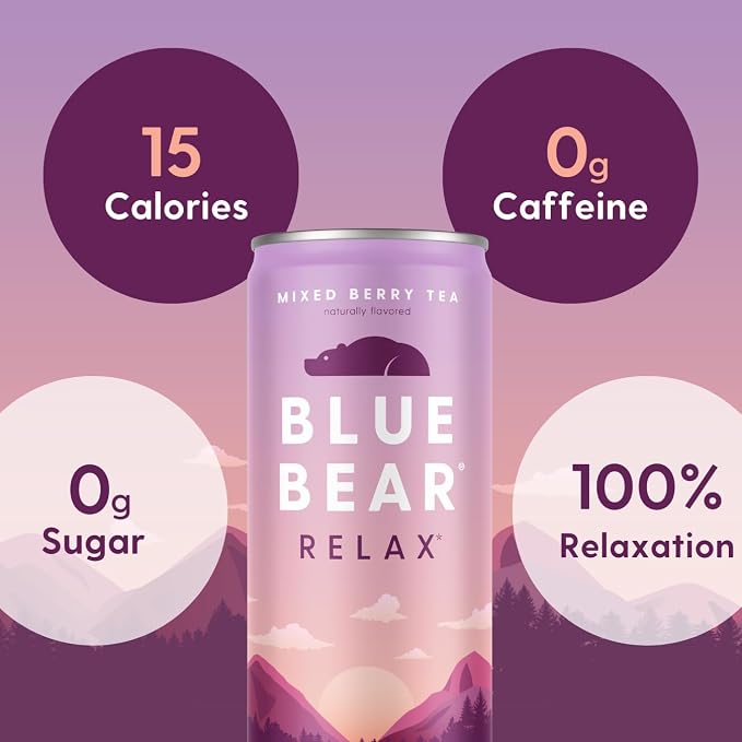 Blue Bear Relax Adaptogen Drink, Ready-to-Drink Mixed Berry Tea, Calming & Relaxation Beverage for Stress Relief, Nootropics & Botanicals, Caffeine-Free, Zero Sugar, 8.4 Fl Oz (12 Pack)
