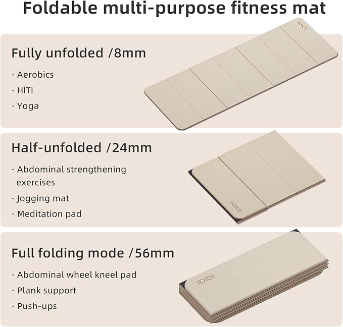 Foldable Yoga Mat Extra Thick 0.32 Inches(8mm) | SGS-certified, odorless POE. Non-slip surface & no curling edges. Great for yoga, Pilates & home gym.