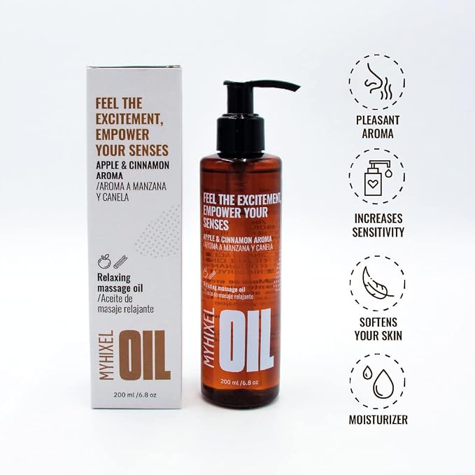 MYHIXEL Lightweight Massage Oil – 6.76 fl oz | Apple & Cinnamon Scent | Fast-Absorbing Body Oils for Women and Men | Hydrated Skin | Suitable for All Skin Types