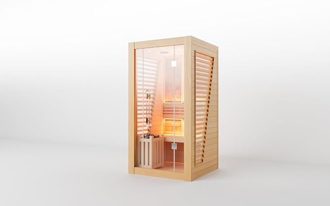 Smartmak Wood Home Steam Sauna, WiFi Control 1 Person Canadian Hemlock Traditional Luxurious Wooden Indoor Spa Room, with 3.5 kw Heater, Speaker, Rocks, Water Bucket, Spoon, Sky Lights