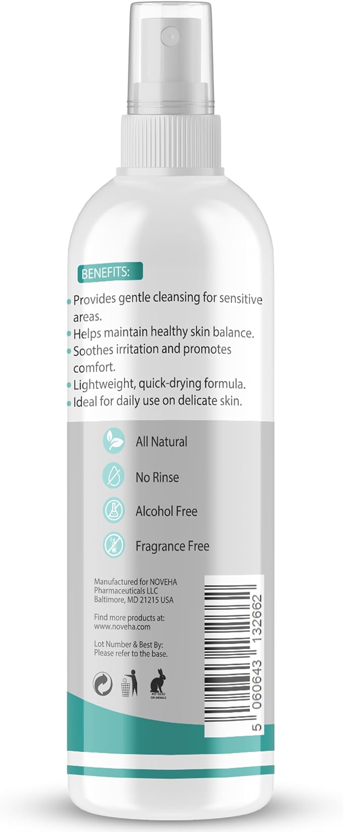 Noveha Perineal Spray & Cleanser | No-Rinse Formula for Daily Hygiene & Odor Control | Gentle Care for Postpartum, Seniors & Sensitive Areas | 8oz
