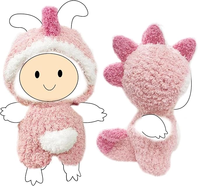 Pink Dinosaur Outfit for Labubu Dolls, Soft Plush Fits Popmart 15-17cm Doll Clothes, Cute Dino Costume for Labubu Clothes Collection