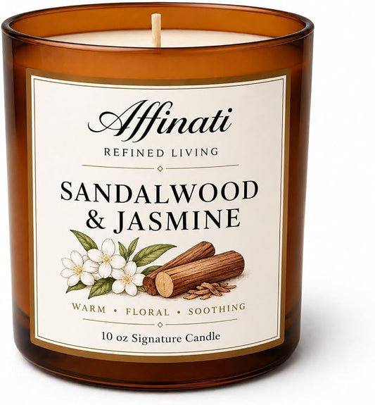 Affinati Sandalwood & Jasmine 10 oz Scented Candle – Long Lasting Luxury Soy Blend Candle for Home, Strong Scent Throw Rich Earthy Floral Aromatherapy Candles, Clean Burning Premium Gift