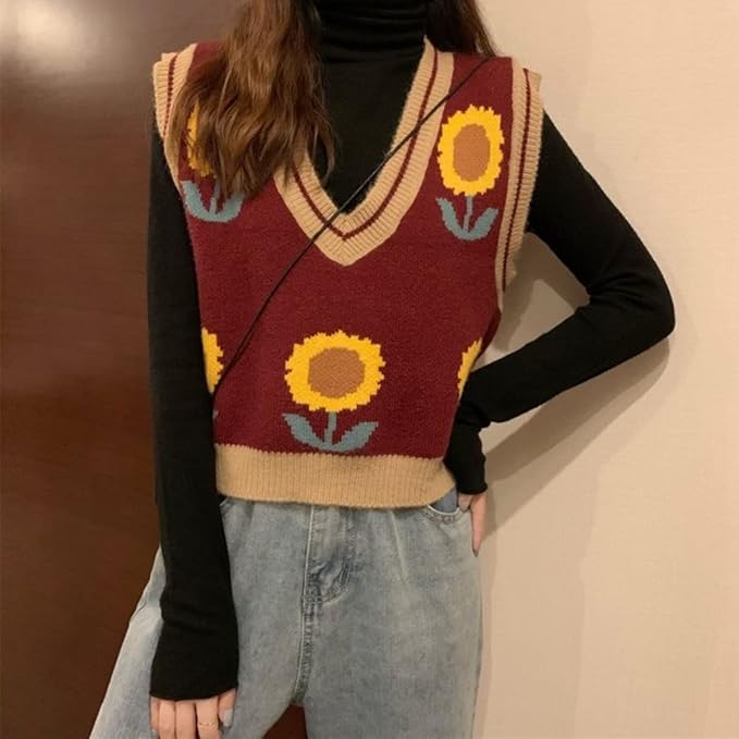 Women's Sweater Vest,Y2K Sleeveless Pattern Preppy Style Knitted Crop Tank Top for Girl