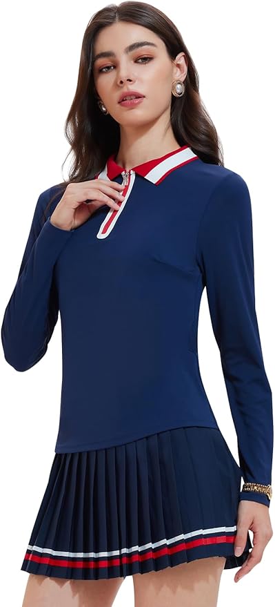 Women's 2-Piece Tennis Skirt Set, Polo V-Neck Top & High-Waisted Pleated Skirt, Athletic Outfit for Golf Pickleball
