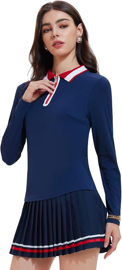 Women's 2-Piece Tennis Skirt Set, Polo V-Neck Top & High-Waisted Pleated Skirt, Athletic Outfit for Golf Pickleball