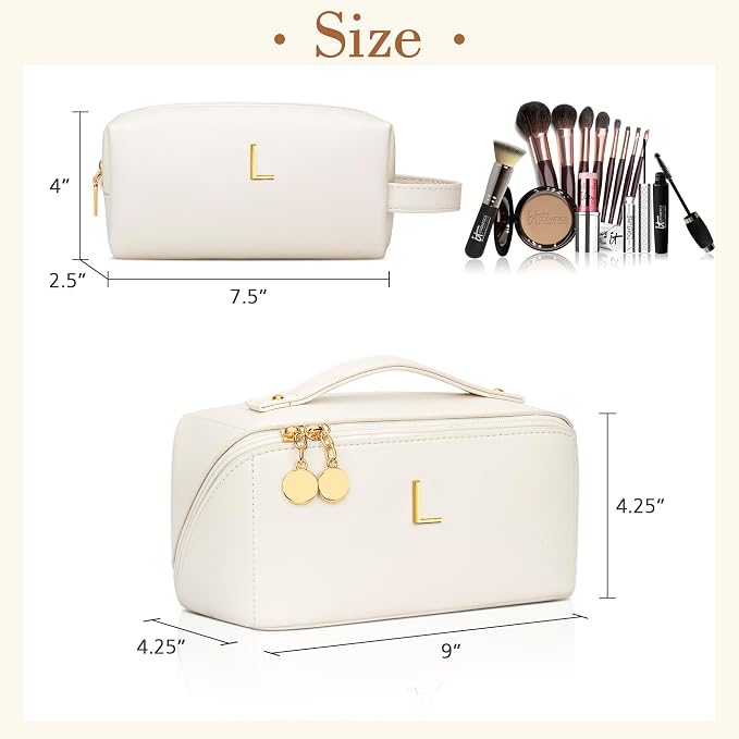 KKXIU Initial Makeup Bag for Women - Personalized Makeup Bag Gifts for Women, Travel Toiletry Bag with PU Leather, Open Flat Design with Top Handle, Cosmetic Bag Set with Multi-Pocket (Beige,L)