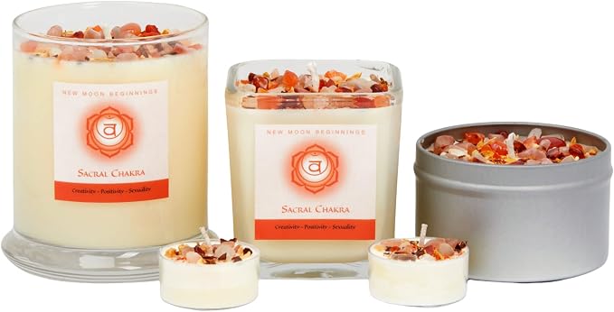Sacral Chakra Candle by New Moon Beginnings - Chakra Candles - Dried Flower, Herb, & Crystal Candles - Aromatherapy Candles - Soy Candle - 8oz Tin