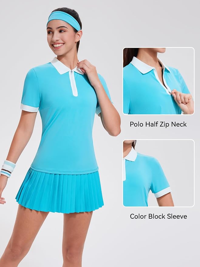 Tennis Skirt Sets for Women Zipper Color Block High Waisted Golf Polo Two Piece Skirt Set Women 2 Piece Outfits
