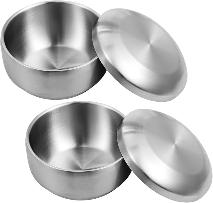 OMISTAR 2 PCS Stainless Steel Rice Bowl with Lid, 5.1 Inch Food Bowls for Korean Kitchen Restaurant, Double-Walled Insulated Metal Bowls, Multi-Purpose Soup Food Bowls Snacks Bowls, 13cm, Silver