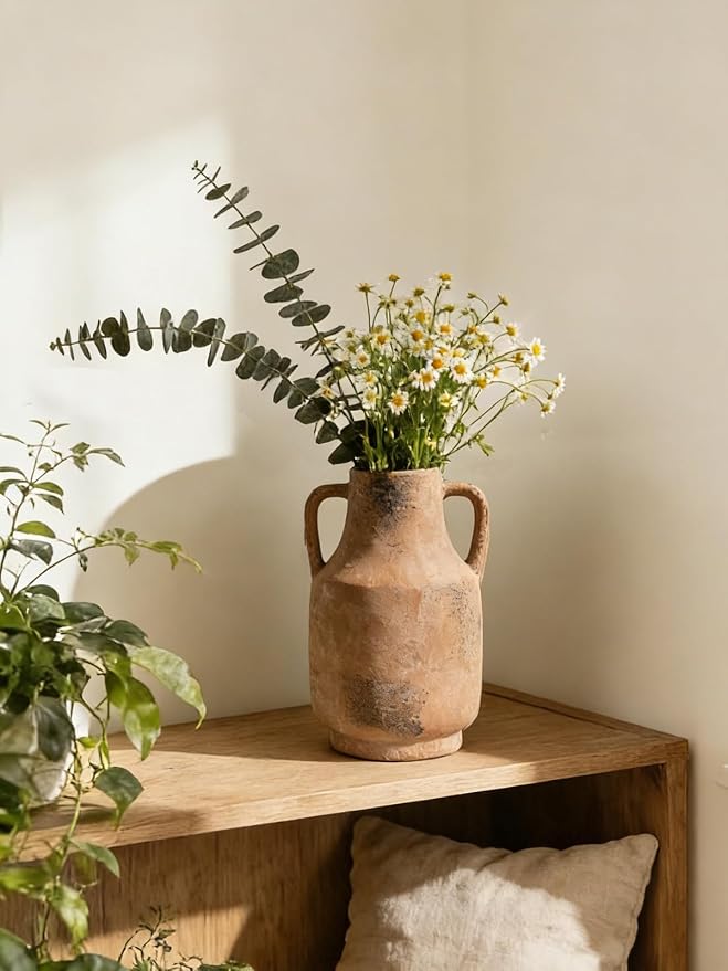Kanwone Ceramic Vase with Handles, 11 Inch Tall Flower Vase for Centerpieces, Decorative Farmhouse Rustic Vase, Large Terracotta Vases for Home Decor, Living Room, Kitchen, Table, Mantel, Retro