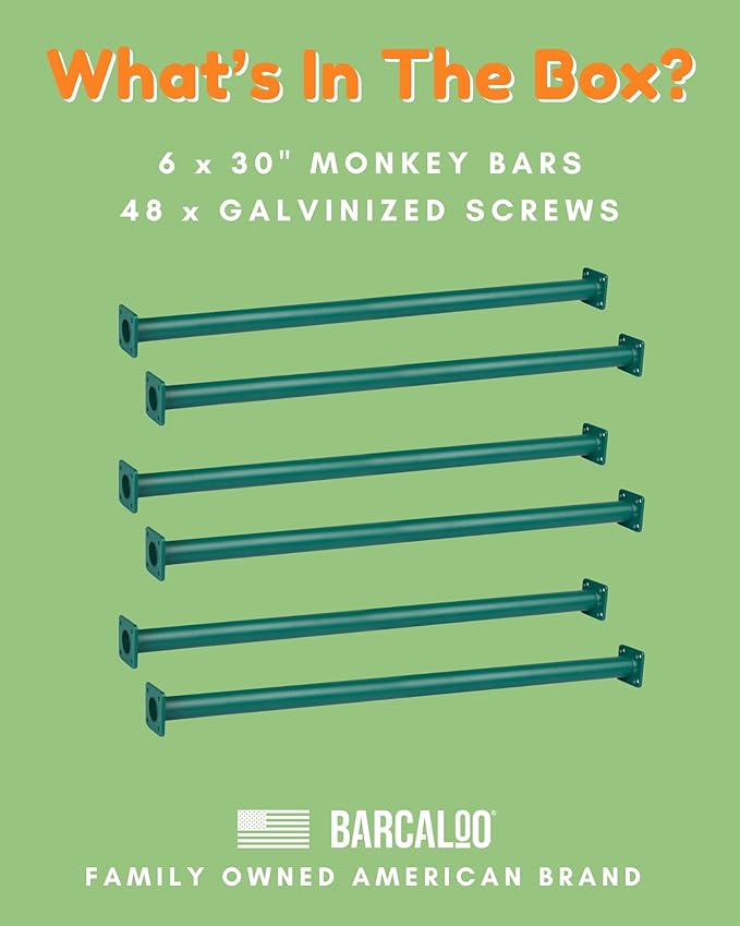 Barcaloo 30 Inch Outdoor Monkey Bars for Backyard - Set of 6, Green Metal Outdoor/Indoor Monkey Bars for Kids - Playground Ladder, Climbing or Swing Set - Kit Includes Mounting Plates & Hardware