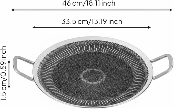 Korean Barbecue Pan Coating Round Stainless Steel Griddle Easy to Clean double Handle Grilling Pan for Camping, Outdoor, 34CM, All Steel