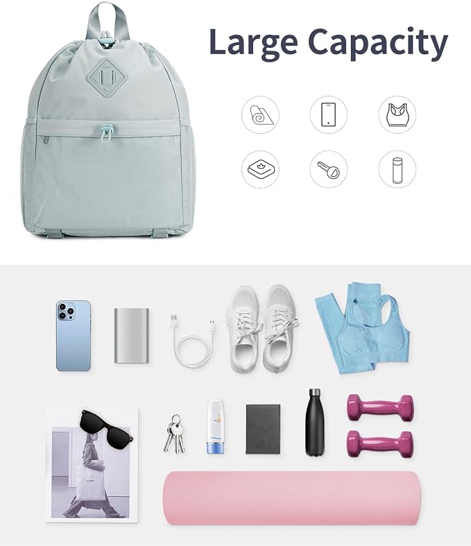 WANDF Drawstring Backpack for Women, Lightweight Gym Bag with Yoga Mat Strap, Water-Resistant String Backpack with Mesh Pocket (Grey, Patent Pending)