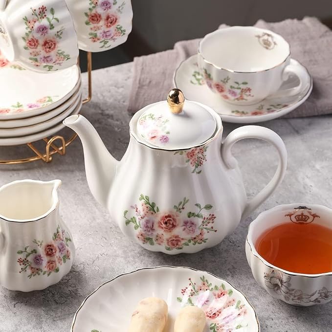 Sweejar Porcelain Tea Sets British Royal Series, 8 OZ Cups & Saucer Service for 6, with Teapot Sugar Bowl Cream Pitcher Teaspoons and Tea Strainer, Suitable for High Tea, Wedding, Party（Beige）