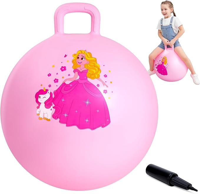 ZOOJOY Princess Hopper Ball, 18 Inch Bouncy Ball with Handle for Kids Aged 3-8, Inflatable Jumping Toys for Girls Boys, Pink Hopping Toys Gift with Pump