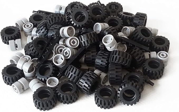 LEGO City Complete Wheel Assembly Lot, 20 Black Axles, 40 Black RUbber Tires, 40 Light Gray Wheels