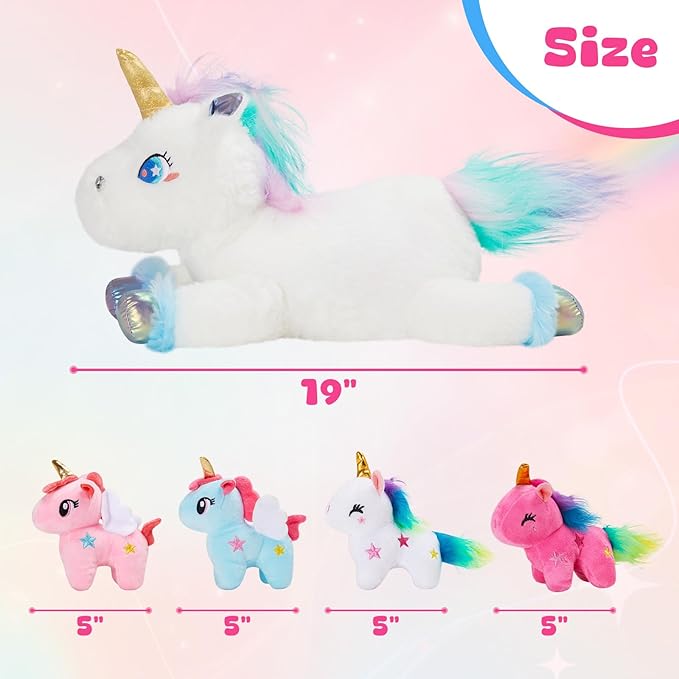 WEWILL 19'' Rainbow Unicorn Stuffed Animal, Mommy Unicorn with 4 Babies Unicorn, Magical Unicorn Pillow Plushies for Girls Ages 3-8, Unicorns Plush Toys for Christmas, Valentine's, Birthday Gifts