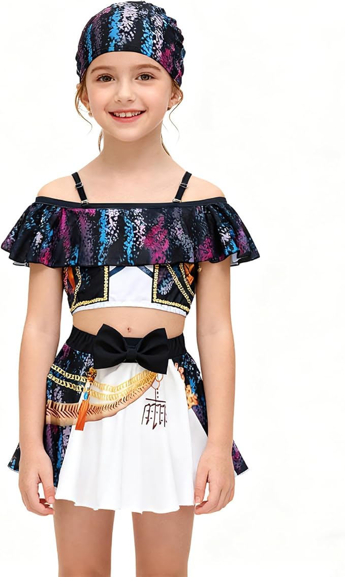 Little Girls Two-Piece Swimsuit with Swim Cap Demon Hunter Merch Costume Swimwear for Bathing Suits