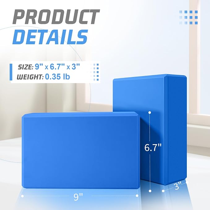 Yoga Blocks 2 Pack 3x6x9IN Foam Block Supportive Latex-Free with Beveled Edges, Non-Slip Exercise Blocks for Pilates, Meditation, Balance, Stretching and Deep Poses