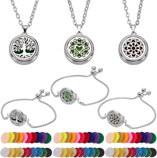 AHANDMAKER 66Pcs Essential Oil Diffuser Necklace Bracelet Set 3 Styles Stainless Steel Aromatherapy Locket Adjustable Diffuser Bracelet Refill Pads Jewelry for Jewelry Accessory Birthday Gift