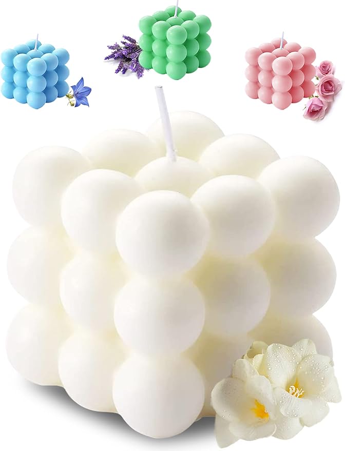 Scented Bubble Cube Candles for Home, Scented, 5.4 oz Soy Wax Aromatherapy Candle, Aesthetic Room Decor Cute Danish Pastel Large Decorative Shaped Candles Gifts - Freesia(White)