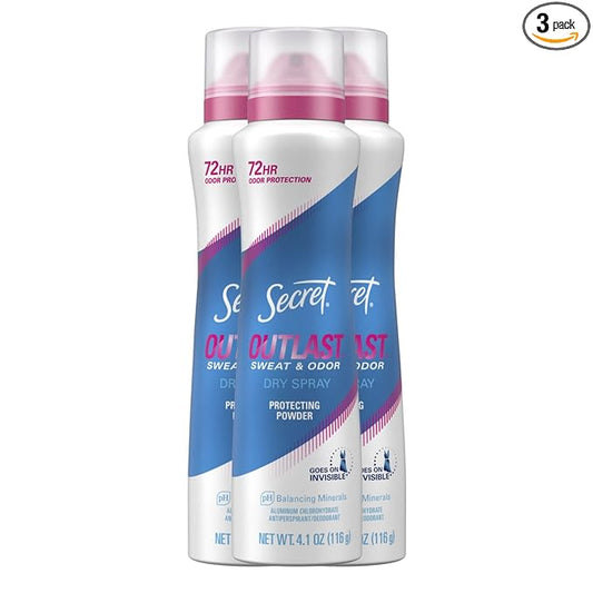 Secret Outlast Dry Spray Antiperspirant Deodorant for Women, 72hr Sweat & Odor Protection, PH Balancing Minerals, Protection Powder Scent, 4.1 oz (Pack of 3)