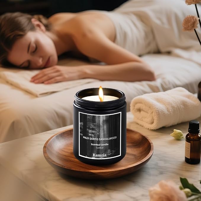 Palo Santo Sandalwood Scented Candle, Grounding Woody Aromatherapy for Meditation & Cleansing, Premium Matte Black Soy Wax Jar, Earthy Decor Gift for Men and Women, 7oz