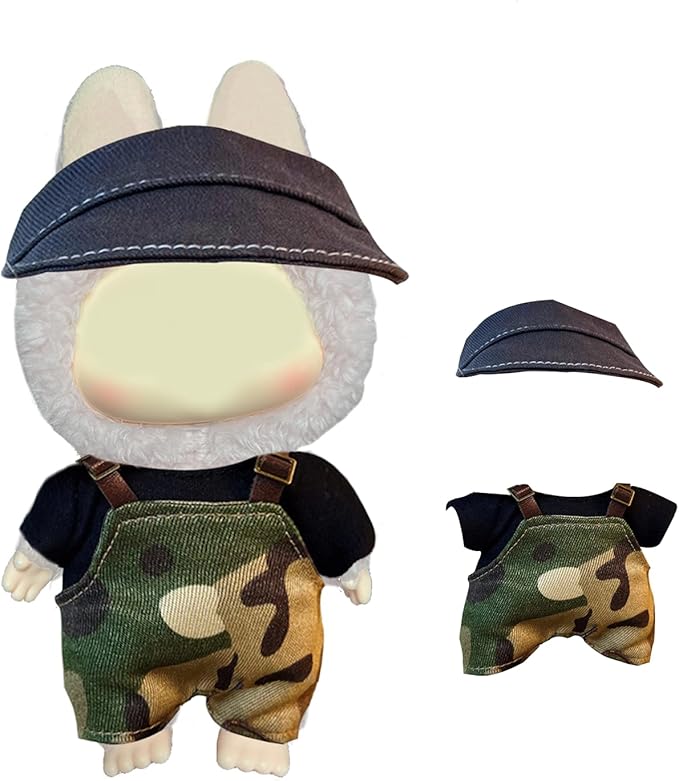 Camouflage Three-Piece Set for Labubu, Denim Overalls & Hat with Shirt for Labubu Clothes, Cool Jumpsuit Outfit