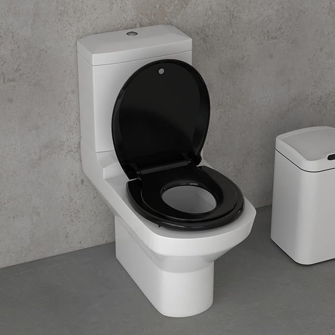 17" Round Black Toilet Seat with Built-In Potty Training Seat, Soft Quiet-Close Non-Slip Design for Adult and Child, Magnetic Kids Seat and Cover, Easy to Install and Clean for Round Toilets
