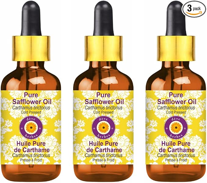 dève herbes Pure Safflower Oil (Carthamus tinctorius) with Glass Dropper Cold Pressed (Pack of Three) 100ml X 3 (10 oz)