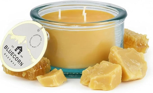 Bluecorn Beeswax 3-Wick Candle – Raw Unscented, 100% Pure Beeswax – 10oz Hand-Blown Recycled Spanish Glass – Non Toxic, Clean Burning, Refillable Glass Jar