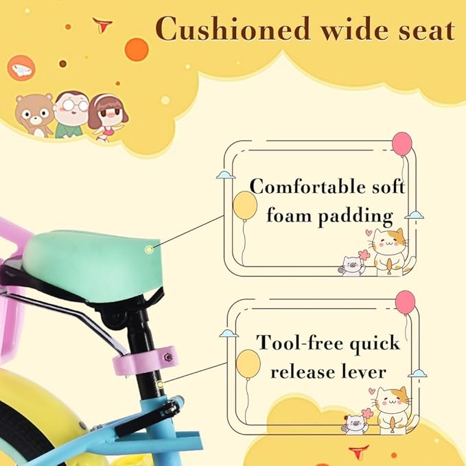 RULLY 12 14 16 Inch Kids Bike for 2-7 Years Girls 33-53 Inch Tall, Toddler Bicycle with Training Wheels & Coaster Brake, Rainbow Bike, Macarons