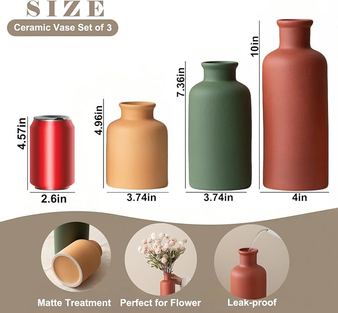 Large Modern Ceramic Vase Set of 3, Neutral Colors, Decorative Bottles for Home, Farmhouse Rustic Decor (XL Green Mix)