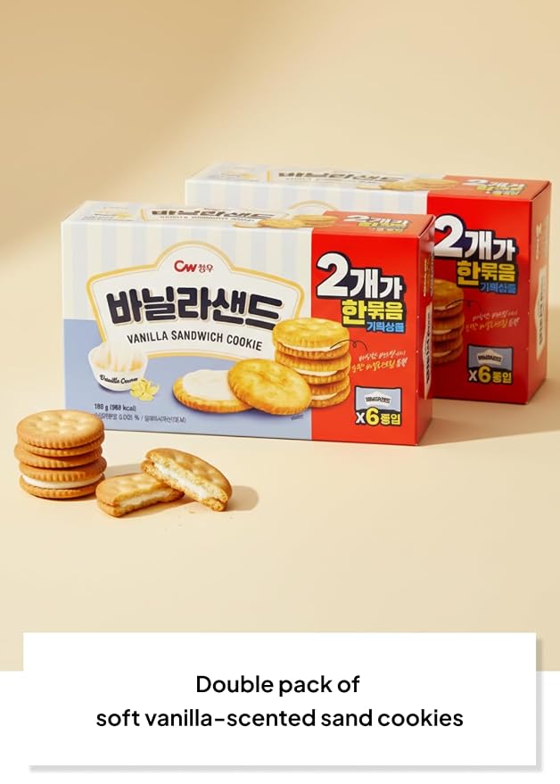 Korean Food CW Vanilla Sandwich Cookies Sweet Vanilla Cream 12 Packs 360g | Crispy sandwich cookies filled with sweet vanilla cream. Family pack includes 12 individual snack packs, 360g total.