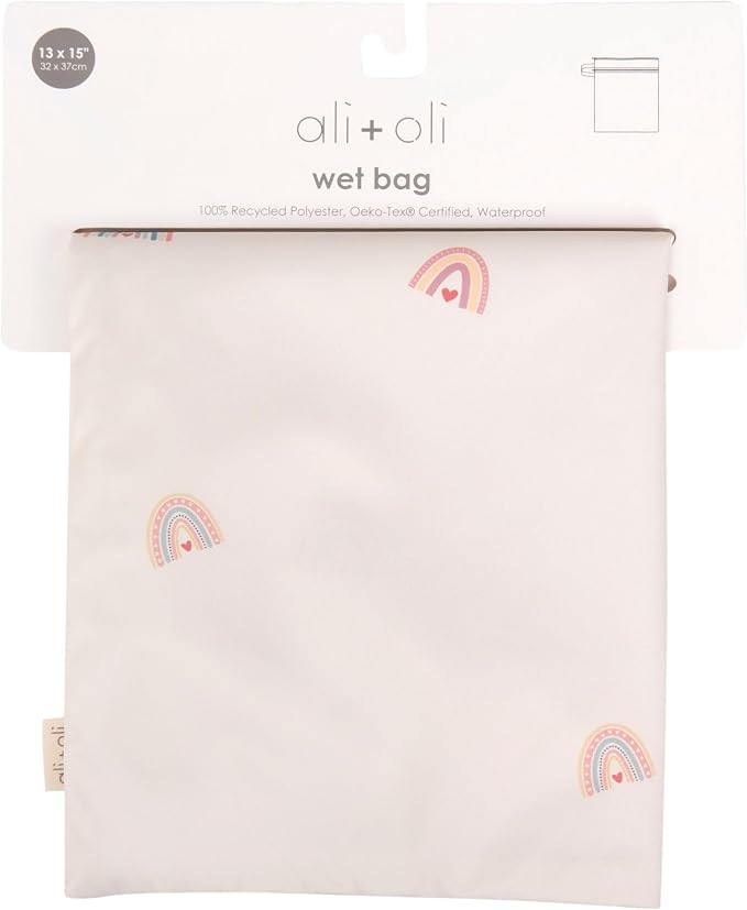 Ali+Oli Water Resistant Dual-Compartment Wet-Dry Bag for Travel, Hook to Stroller, Daycare, Diapers, Diaper Bag, Clutch Bag,15x12 inches (Rainbows)
