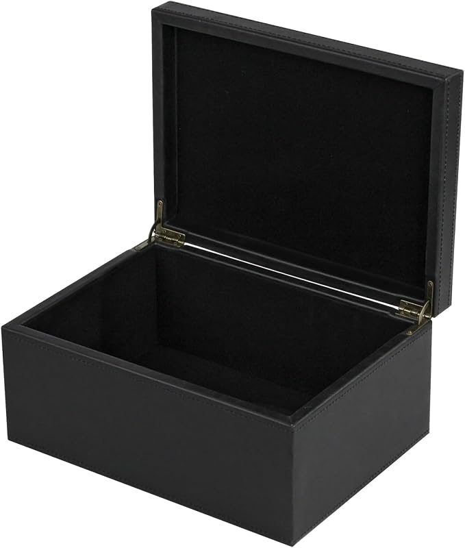 HofferRuffer Faux Leather Decorative Box, Large Wooden Structure Keepsake Box Accessory Organizer Jewelry Organizer with Hinged Lid, Storage Container for Home or Office (Black)