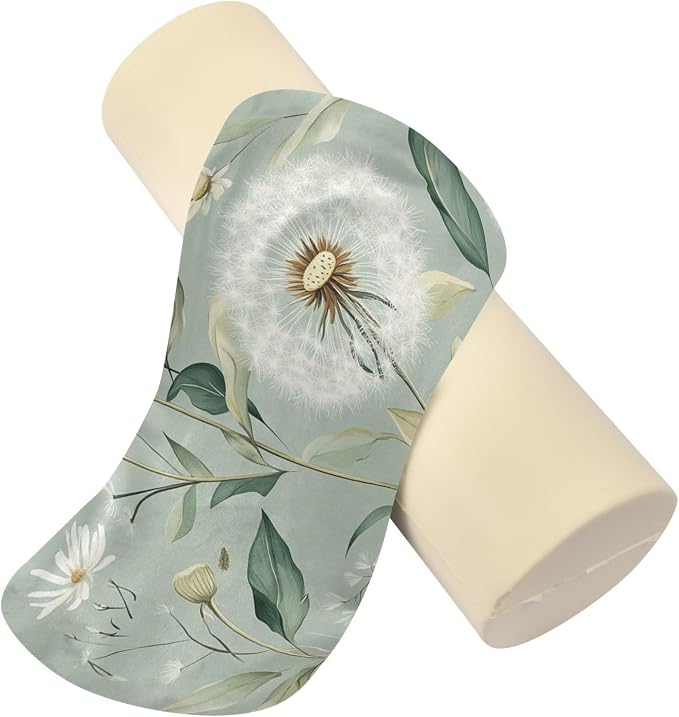 Sage Green Dandelion Neck Roll Pillow Bolster Round Health Memory Foam Long Cervical Cylinder Pillows with Removable Washable Cover for Body Bed Legs Back Yoga