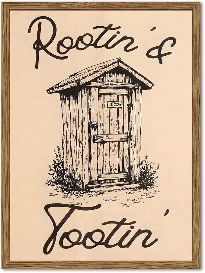 Cute Western Bathroom Wall Art Vintage Southwest Rustic Restroom Wall Decor Painting, Western Cowboy Ranch Toilet Rootin Tootin Poster Canvas Print Picture 12x16 inch Wood Framed
