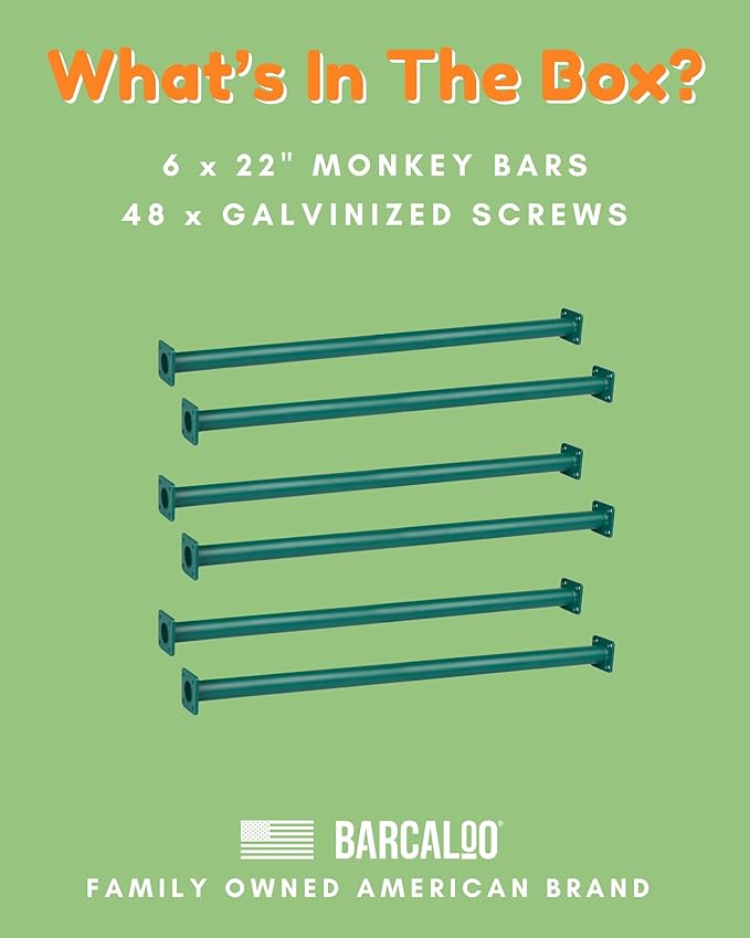 Barcaloo 22 Inch Monkey Bars for Backyard - Green Powder Coated Indoor Monkey Bar Kit for Kids - Set of 6 Outdoor Playground Accesories with Mounting Plates