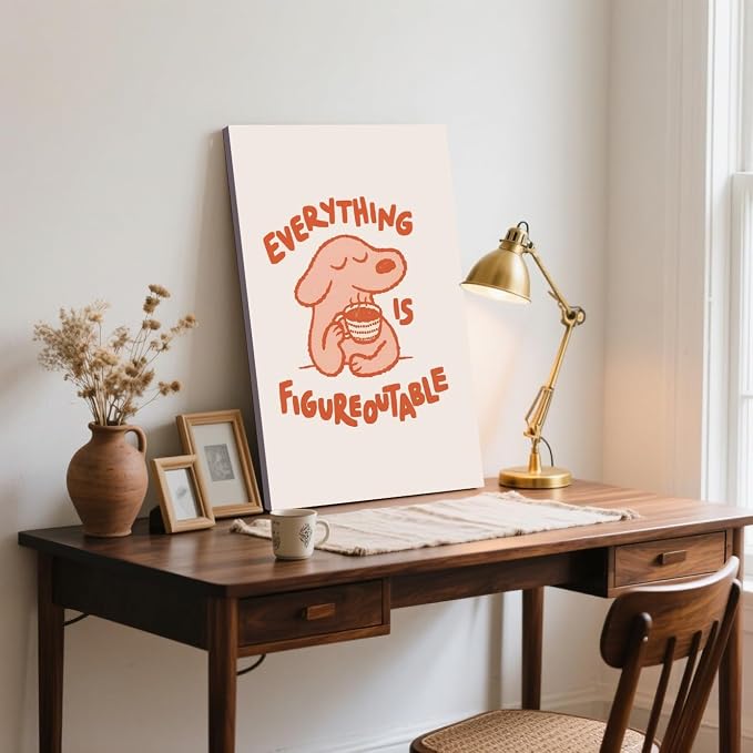 Everything Is Figureoutable Motivational Poster Cute Dog Positive Quote Inspirational Wall Art Funny Cartoon Mental Health Coffee Canvas Print for Kids Room Home Decor 24x36inch Wrapped Framed