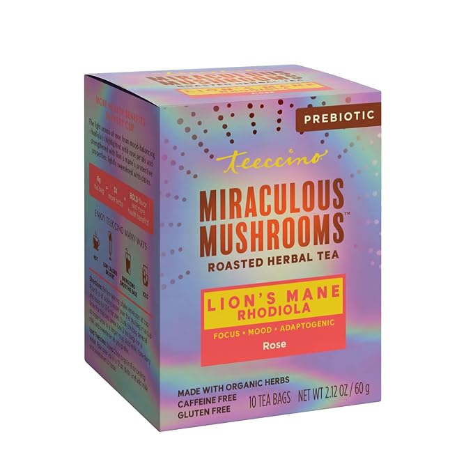 Teeccino Caffeine-Free Mushroom Adaptogenic Herbal Tea - 10 Tea Bags - Lion’s Mane Rhodiola Tea - Rose, 3x More Herbs than Regular Teas, Lightly Sweet from Dates & Figs, Chicory Prebiotic