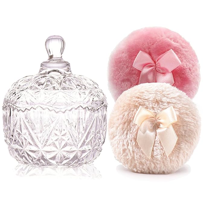 Luxury 4 Inch Glass Loose Powder Container with 2 Soft 3.5" Puffs｜Non-Sealed Refillable Organizer Storage for Body Powder Makeup & Jewelry & Setting Applicator(Crown-Clear)