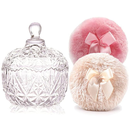 Luxury 4 Inch Glass Loose Powder Container with 2 Soft 3.5" Puffs｜Non-Sealed Refillable Organizer Storage for Body Powder Makeup & Jewelry & Setting Applicator(Crown-Clear)