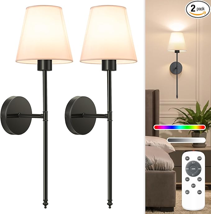 Battery Operated Wall Sconce Set of 2,Black Rechargeable Wall Lights with 10400mAh Dimmable Bulbs and Remote,10 Colors Wireless Wall Lamps for Bedroom Living Room Hallway Decor