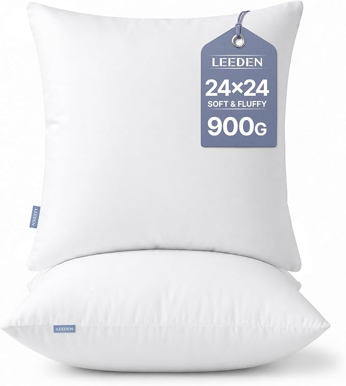 Leeden 24x24 Pillow Inserts Set of 2, 24 Inch Decorative Throw Pillow Inserts, Soft Fluffy Square Throw Pillows for Couch, Sofa, Bed, and Home Decor White Cushion