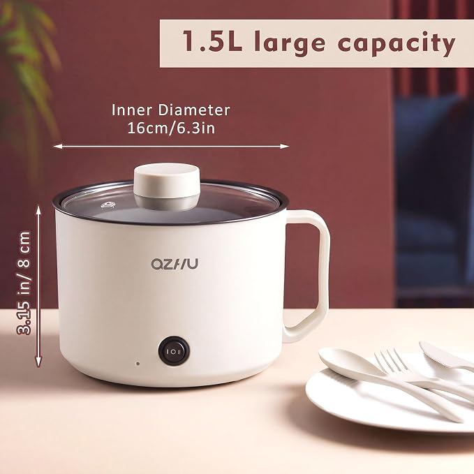 2 Pcs 1.5l Electric Ramen Cooker Hot Pot Electric Dual Power Noodle Cooker, Boil Dry Protection, Nonstick, Multifunctional Lazy Pot for Cooking Pasta, Noodles, 7x3.15" (Mint Green, White)
