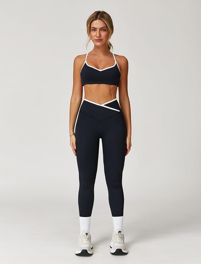 ABOCIW Workout Sets for Women 2 Piece Color Block Strappy Sports Bra High Waist Shorts Gym Yoga Pilates Outfits