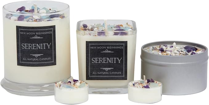 Lavender Chamomile Candle by New Moon Beginnings - Calming Energy Candle - Crystal Candle & Herb Candle - Aromatherapy Candle - Essential Oil Candle (12 Ounce Round Glass)