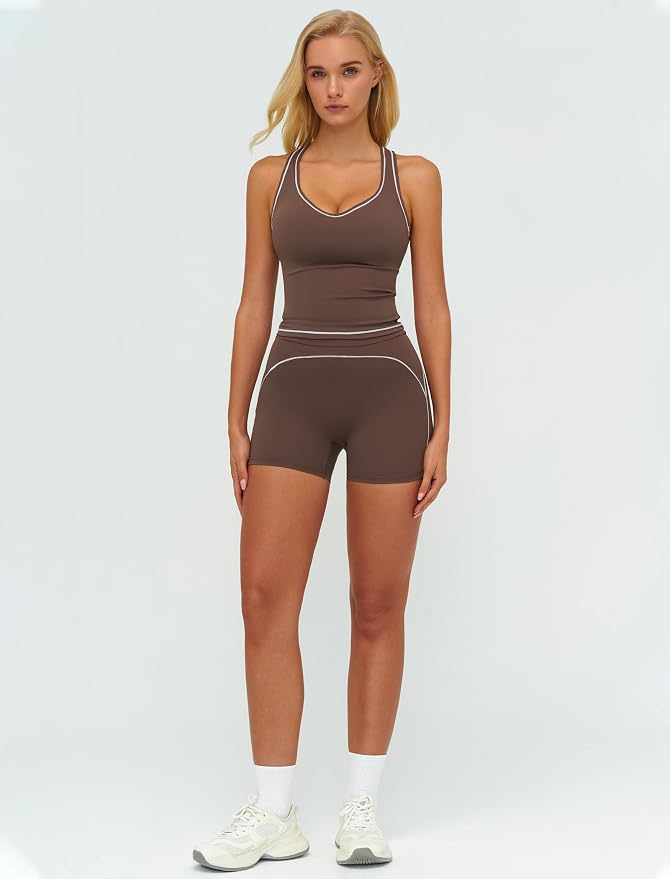 QBGJTD Two Piece Workout Sets for Women Color Block Racerback Tank Tops and High Waist Shorts Gym Yoga Outfits